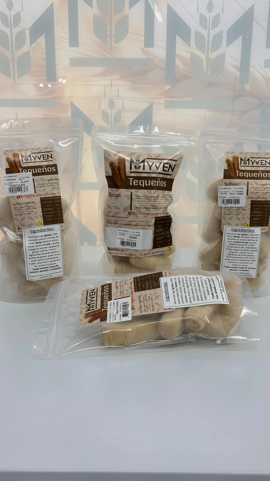 Bolsas de tequeños Myven de 12 unidades en sus sabores queso, chocolate, bacon y queso de pimentón